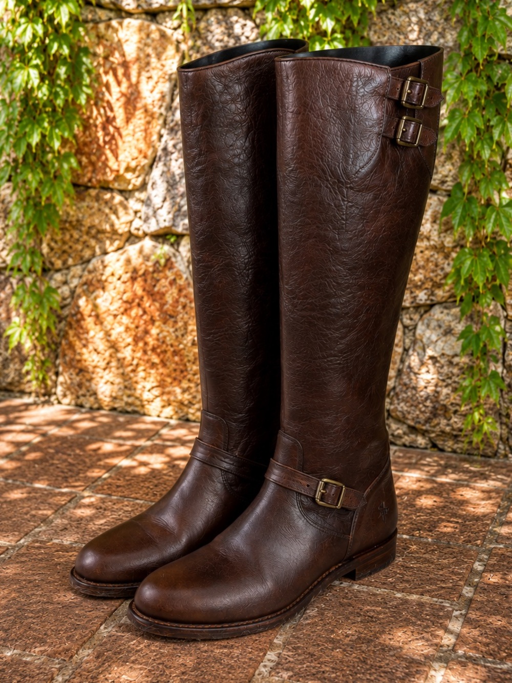 VINTAGE FRYE Tall Brown Leather Riding Buckle Accent Flat Sole Boots, 6M